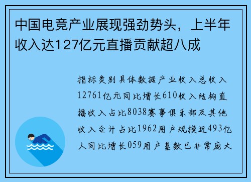 中国电竞产业展现强劲势头，上半年收入达127亿元直播贡献超八成